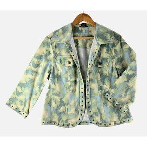 Denim Jacket 3/4 Sleeves L Multiples Pastel Blue Green Brass Accents Open Front